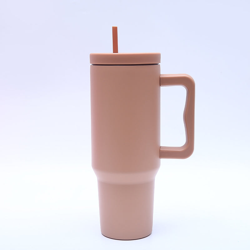 40 oz. Stainless Steel Modern Tumbler with Handle & Straw - Tan-1